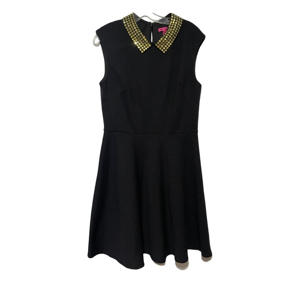 Black Sleeveless Textured Dress W/ Gold Embellished Collar By Betsey Johnson 12